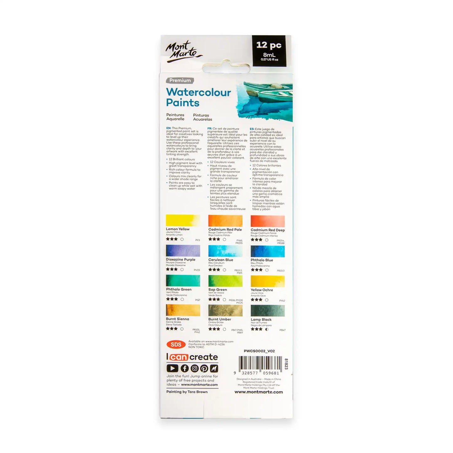 Mont Marte Premium Watercolour Paint Tubes 12pk