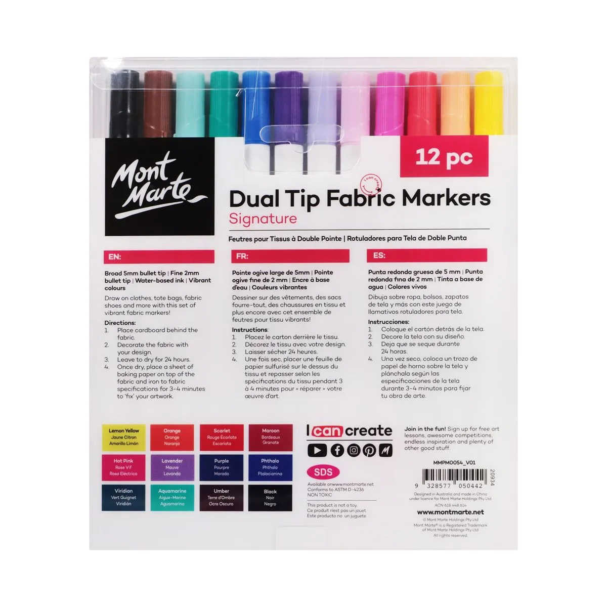 Mont Marte Dual Tip Fabric Markers Signature 12pc