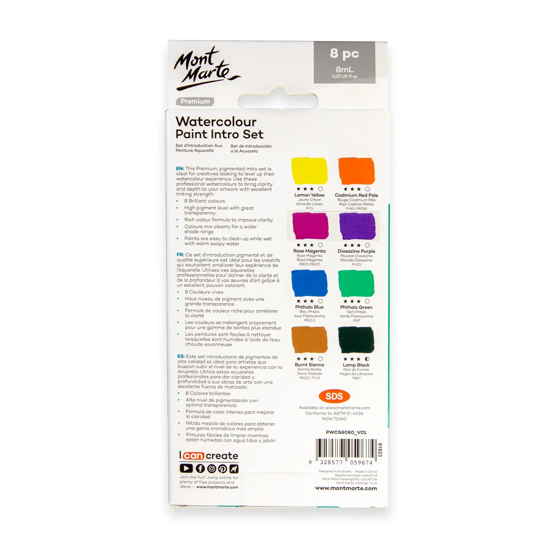 Mont Marte Premium Watercolour Paint Tubes 8pk 