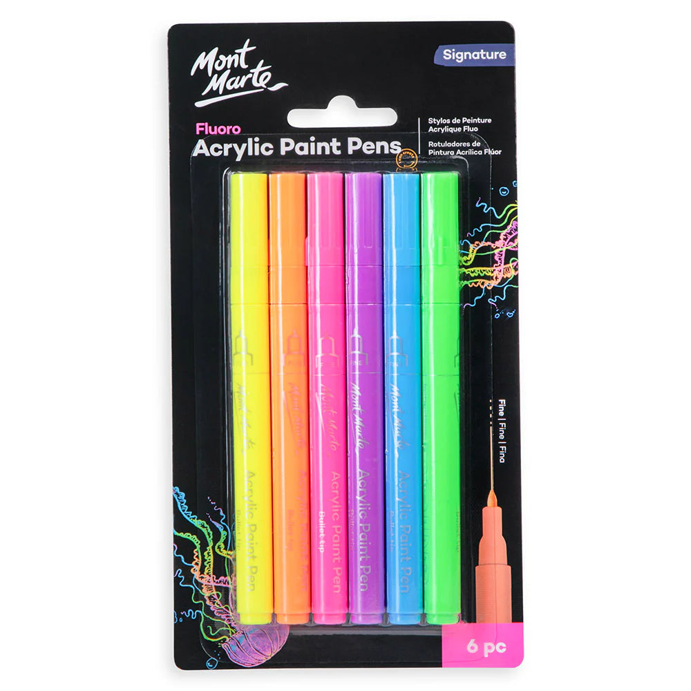 Mont Marte Fluoro Acrylic Paint Pens Fine Tip 6pc