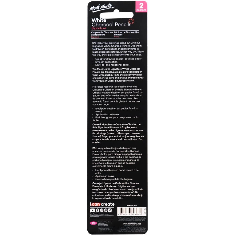 Mont Marte White Charcoal Pencils Lge Hex 2pk